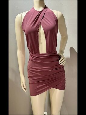 Plunge Halter Ruched Mini Dress - Mauve Pink